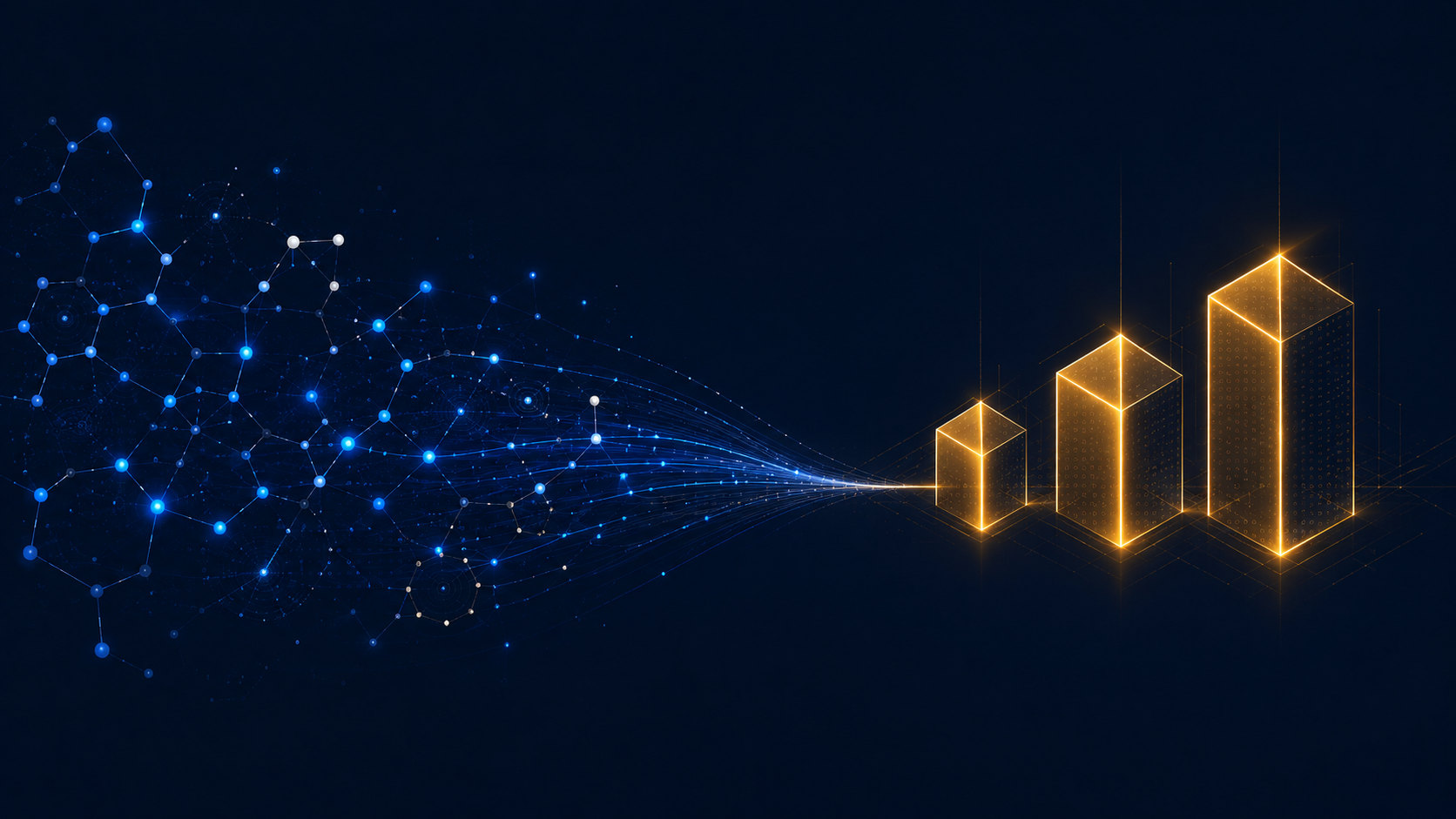 AI drug discovery in Europe: abstract molecular structures flowing into solid gold company blocks, representing scientific discovery becoming companies.