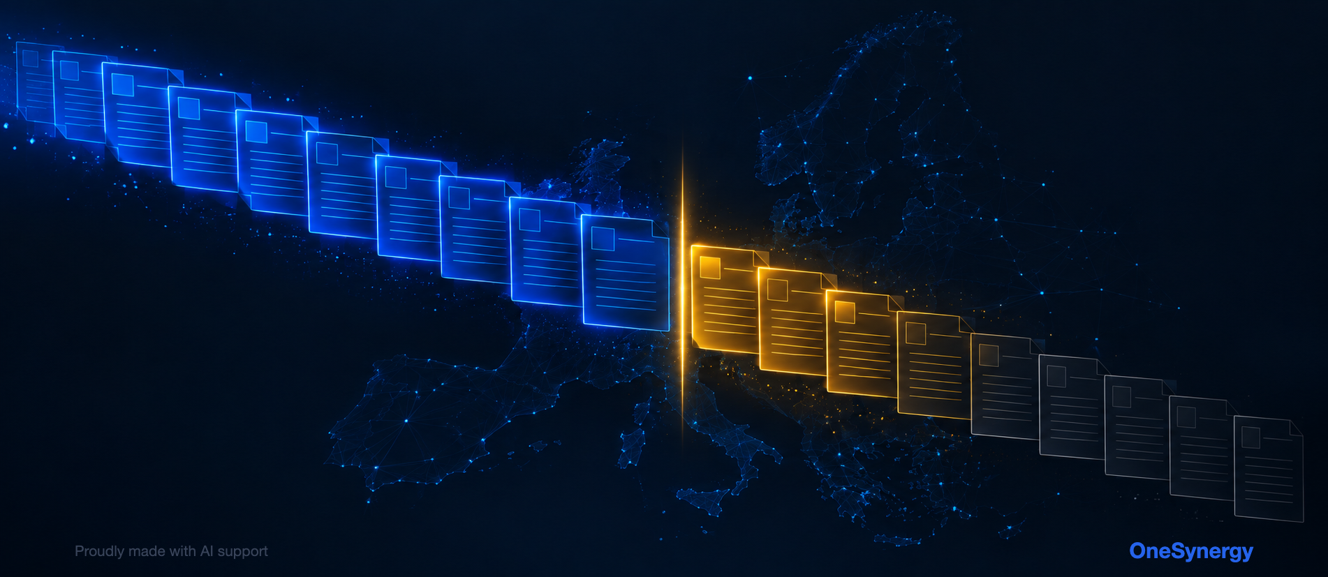 A luminous wide banner on deep navy: a diagonal stream of glowing wireframe documents descends from the upper left, blue and bright at the start, crossed two thirds along by a vertical line of golden light, amber immediately after it and fading to dim grey outlines at the end, over a faint constellation map of Europe.