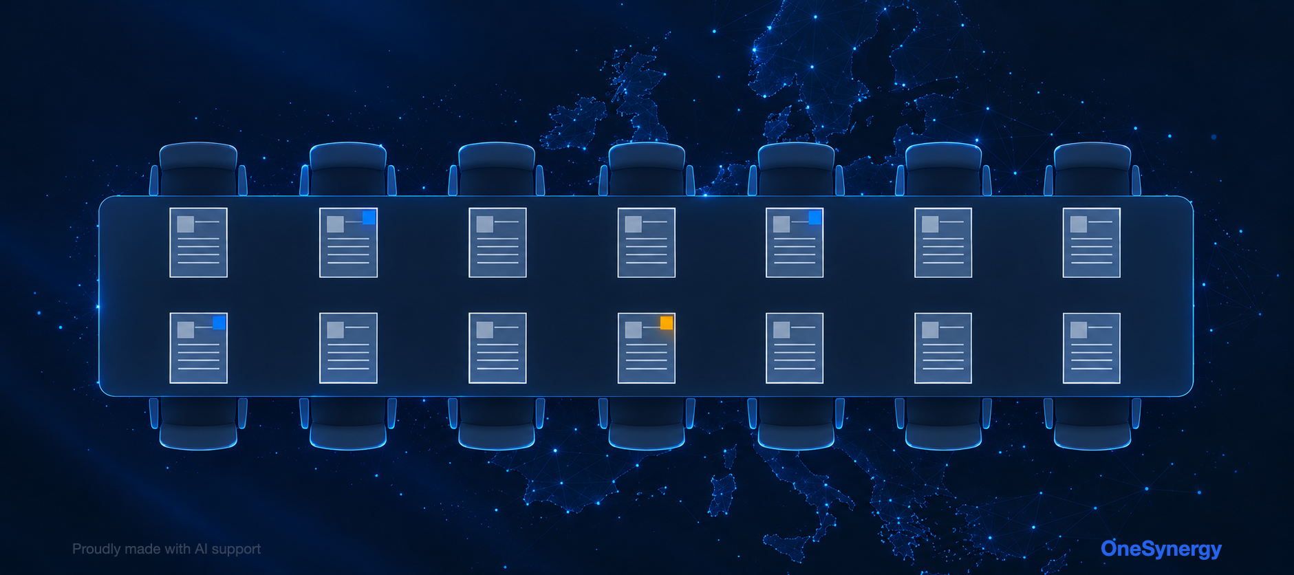 A luminous overhead view of a long meeting table on deep navy, with an identical document at each of fourteen places, a few marked in blue and one in amber, over a faint constellation map of Europe.