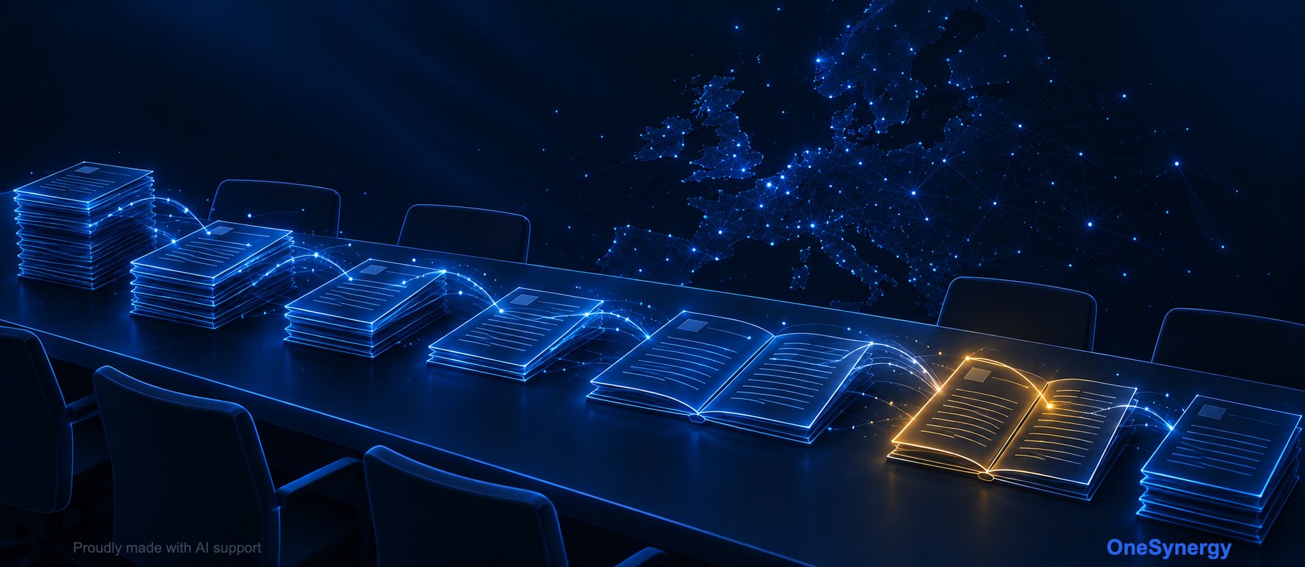 Luminous wireframe illustration of stacked project documents on a long desk, with a constellation suggesting Europe in the background.