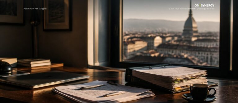 A desk by a window in Turin in late afternoon light, with a closed laptop, a binder of documents and an espresso; the Mole Antonelliana is visible in the distance.