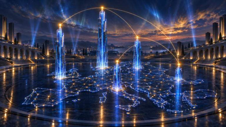 Five towers of blue light of different heights rising from a luminous plaza at dusk, each topped by an amber sphere and joined by thin amber arcs, representing five open questions.