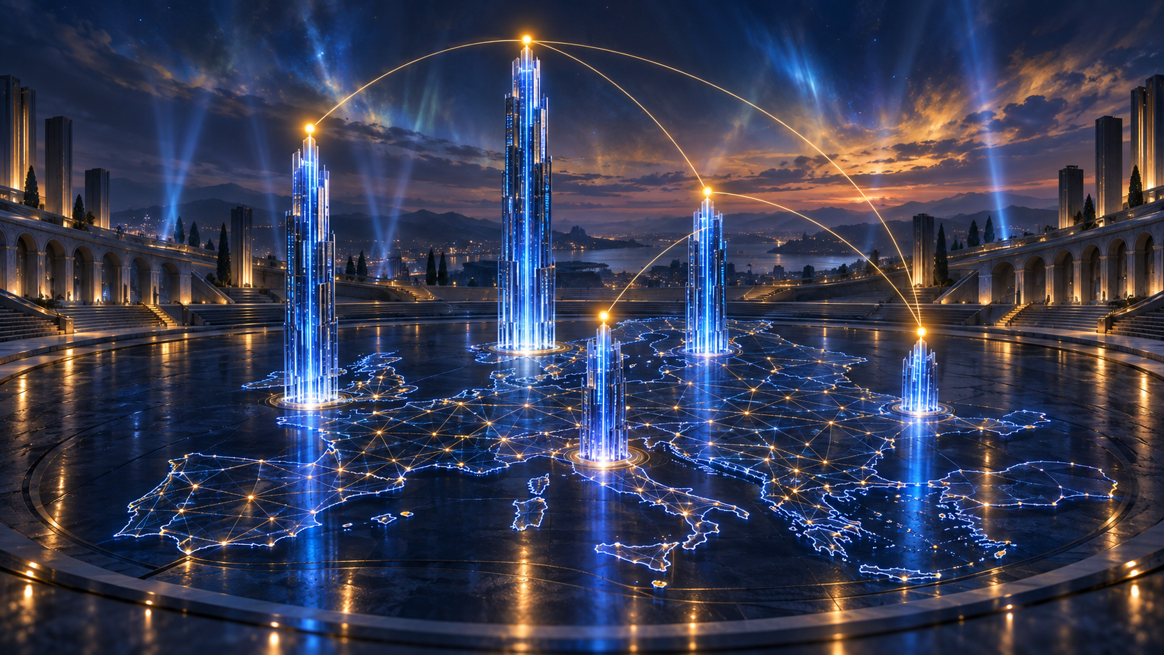 Five towers of blue light of different heights rising from a luminous plaza at dusk, each topped by an amber sphere and joined by thin amber arcs, representing five open questions.