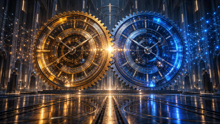 Two interlocking clock mechanisms, one amber and one electric blue, meshing at the centre of a dark architectural hall filled with a network of glowing nodes, representing a compliance deadline and a funding window that align.
